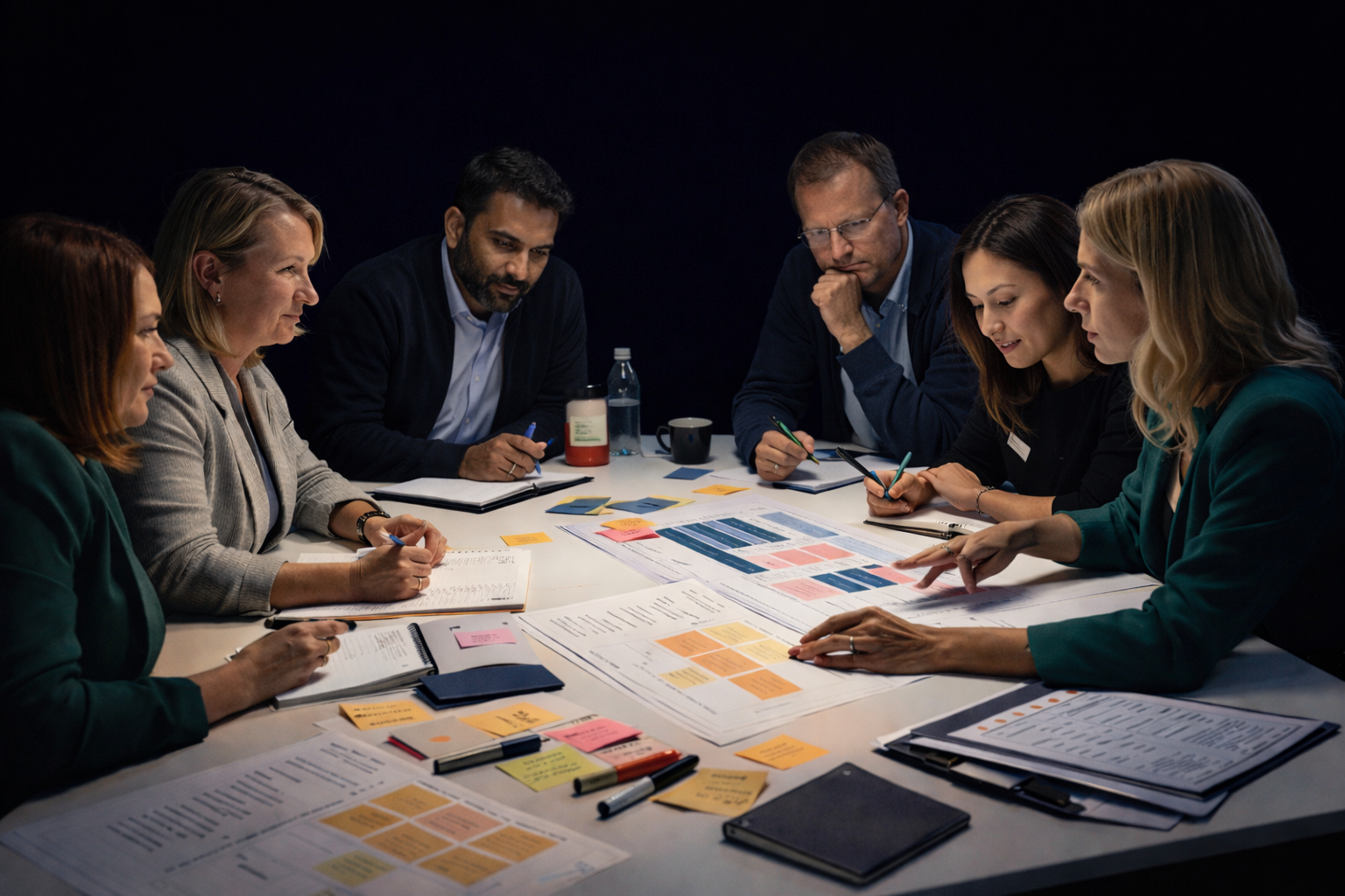 Hands arranging strategy cards on a dark studio table during a Straforma Arena simulation