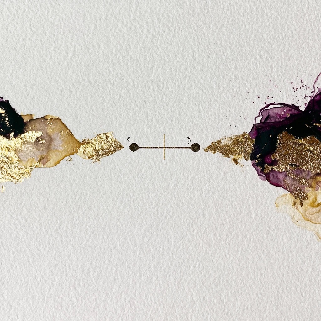 Gold and violet ink held apart by a short gold line with a point at each end